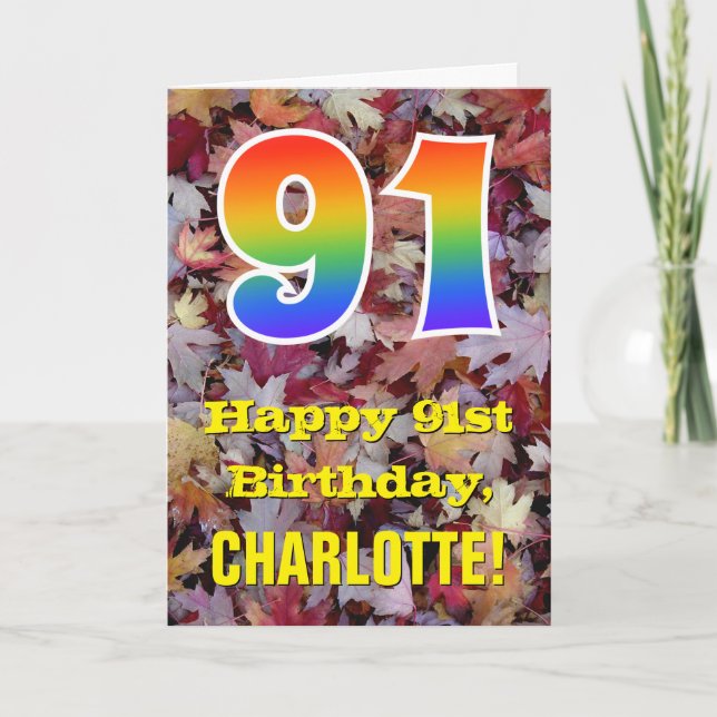 91st Birthday; Rustic Autumn Leaves; Rainbow "91" Card (Front)