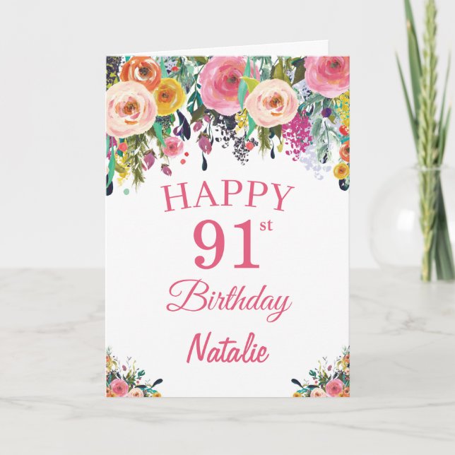 91st Birthday Watercolor Floral Flowers Pink Card (Front)