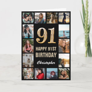 91st Happy Birthday Black and Gold Photo Collage Card