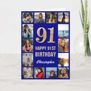 91st Happy Birthday Navy Blue & Gold Photo Collage Card