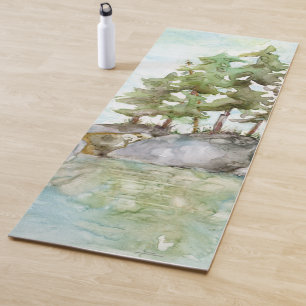 92 Pine Trees Summer Water & Rocks BWCA watercolor Yoga Mat