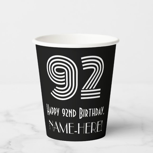 92nd Birthday — Art Deco Inspired Look “92” + Name Paper Cups (Front)