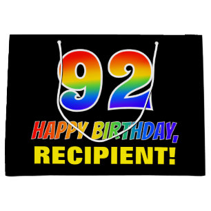 92nd Birthday: Bold, Fun, Simple, Rainbow 92 Large Gift Bag