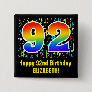 92nd Birthday: Colorful Music Symbols, Rainbow 92 15 Cm Square Badge