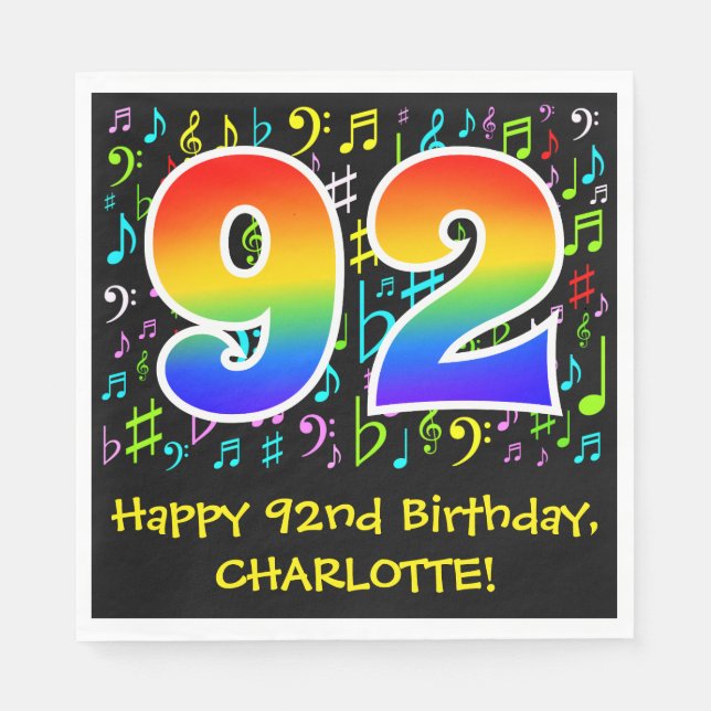 92nd Birthday - Colourful Music Symbols, Rainbow 9 Napkin (Front)