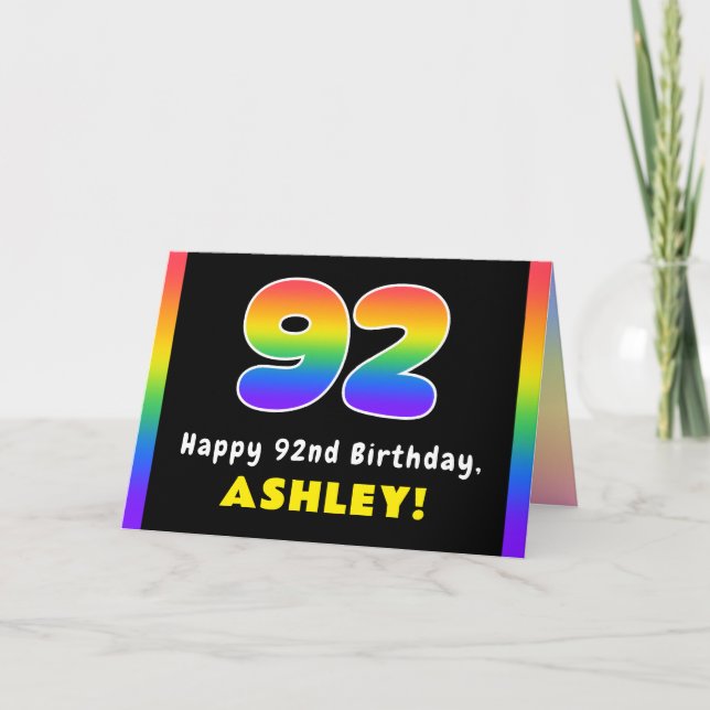 92nd Birthday: Colourful Rainbow # 92, Custom Name Card (Front)
