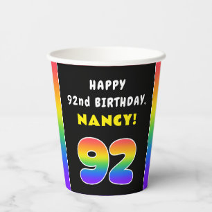 92nd Birthday: Colourful Rainbow # 92, Custom Name Paper Cups