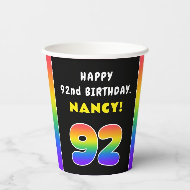 92nd Birthday: Colourful Rainbow # 92, Custom Name Paper Cups (Back)
