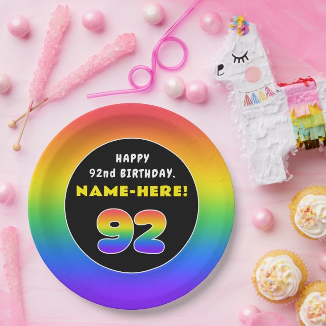 92nd Birthday: Colourful Rainbow # 92, Custom Name Paper Plate (Party)