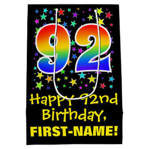 92nd Birthday: Colourful Stars Pattern & Rainbow 9 Medium Gift Bag