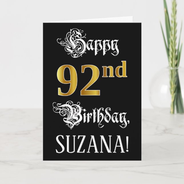 92nd Birthday — Fancy Script; Faux Gold Look; Name Card (Front)