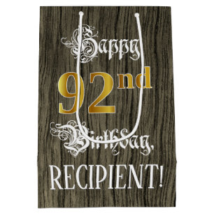 92nd Birthday: Faux Gold Look & Faux Wood Pattern Medium Gift Bag