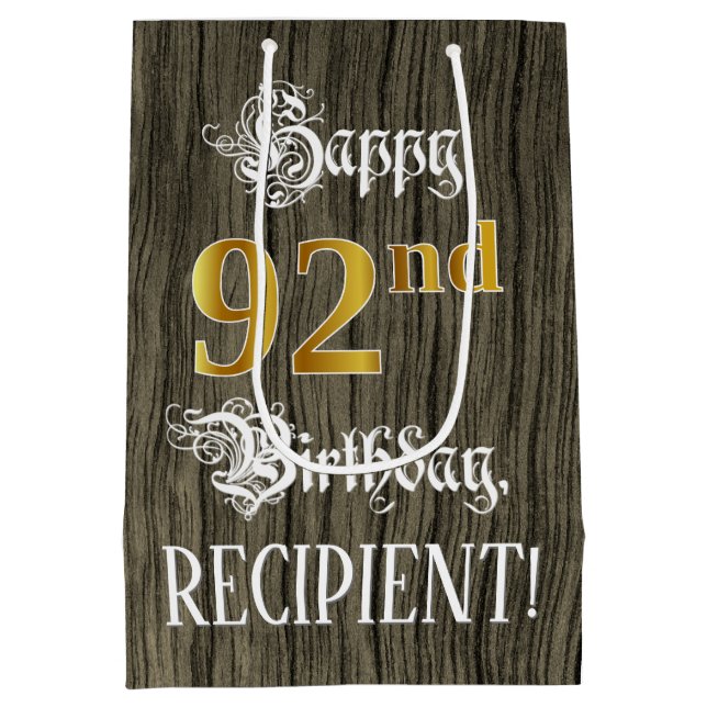 92nd Birthday: Faux Gold Look & Faux Wood Pattern Medium Gift Bag (Back)