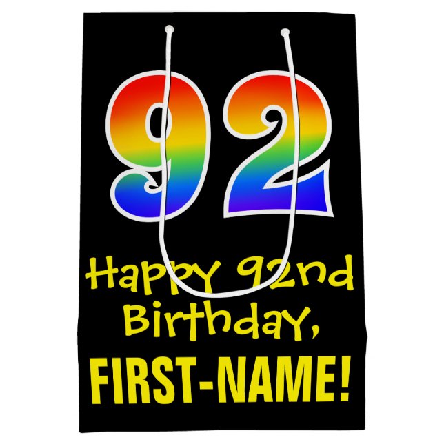 92nd Birthday: Fun, Bold, Colourful, Rainbow "92" Medium Gift Bag (Back)