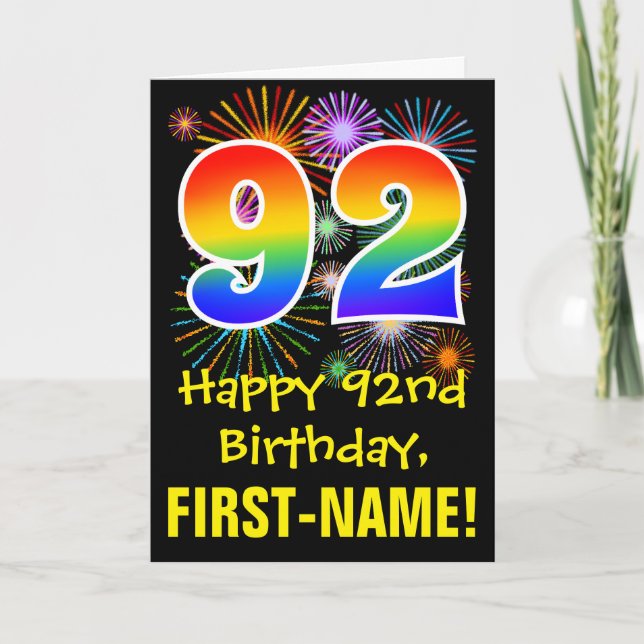 92nd Birthday: Fun Fireworks Pattern + Rainbow 92 Card (Front)