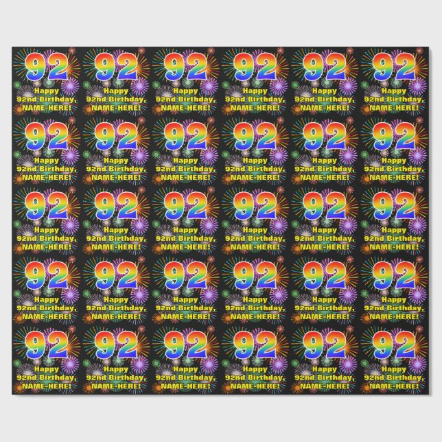 92nd Birthday: Fun Fireworks, Rainbow Look # “92” Wrapping Paper (Flat)