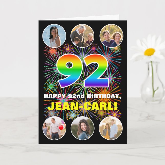 92nd Birthday: Fun Rainbow #, Custom Name & Photos Card (Small Plant)