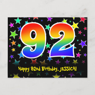 92nd Birthday: Fun Stars Pattern, Rainbow 92, Name Postcard
