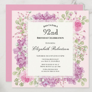 92nd Birthday Invitation Elegant Pink Flowers