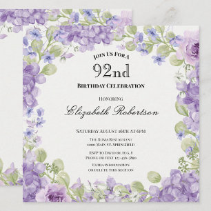 92nd Birthday Invitation Elegant Purple Floral