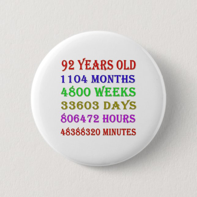92nd Birthday Milestones 6 Cm Round Badge (Front)