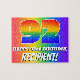92nd Birthday — Multicolored Rainbow Pattern “92” Jigsaw Puzzle