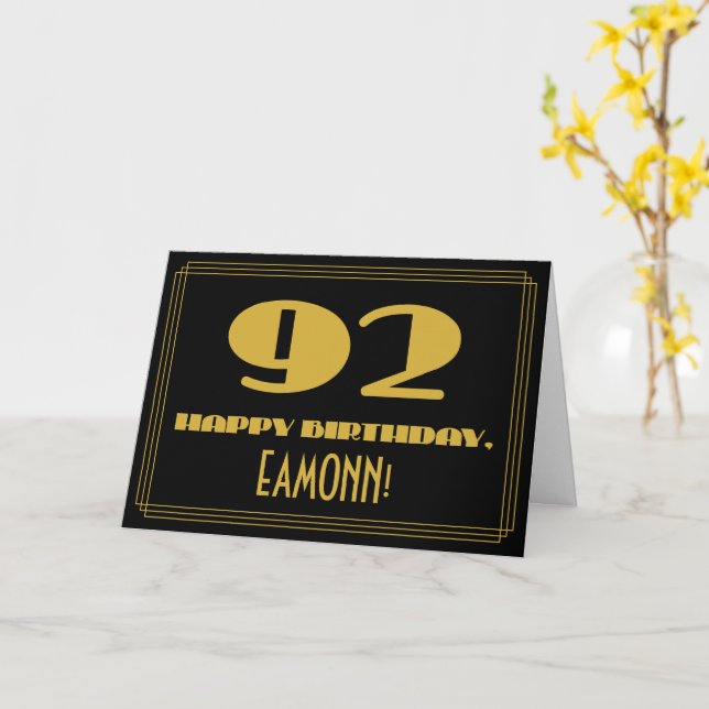92nd Birthday: Name + Art Deco Inspired Look "92" Card (Yellow Flower)