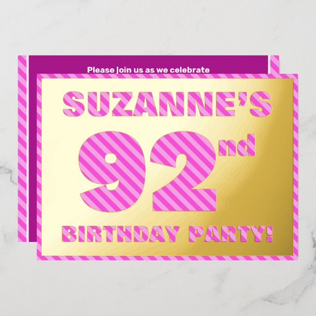 92nd Birthday Party — Bold, Fun, Pink Stripes # 92 (Front/Back)