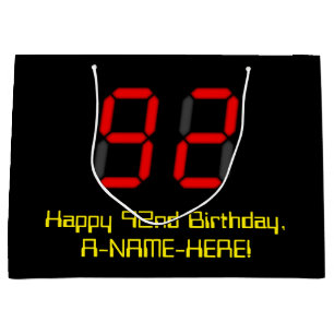 92nd Birthday: Red Digital Clock Style "92" + Name Large Gift Bag