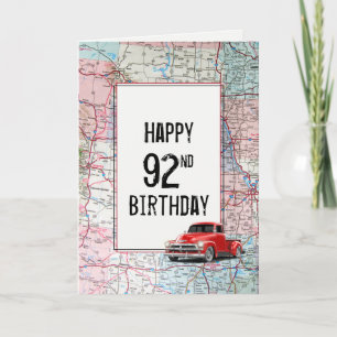 92nd Birthday Red Retro Truck on Map Card