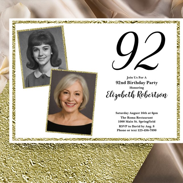 92nd Custom Photo White and Gold  Invitation (Creator Uploaded)