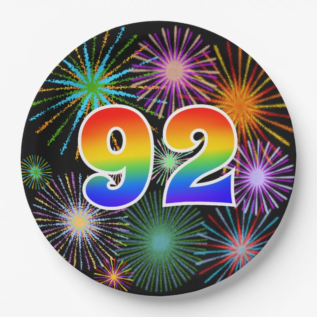 92nd Event - Fun, Colourful, Bold, Rainbow 92 Paper Plate (Front)