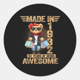 93 Year Old Made In 1932 Teddy Bear 93rd Birthday Classic Round Sticker