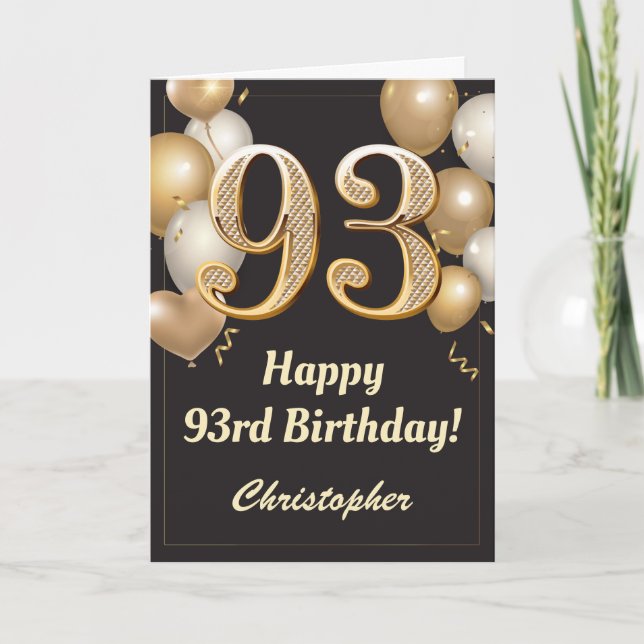 93rd Birthday Black and Gold Balloons Confetti Card (Front)