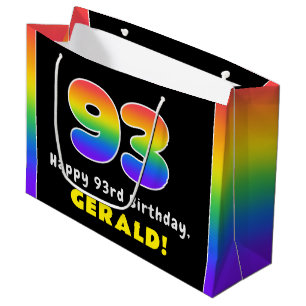 93rd Birthday: Colourful Rainbow # 93, Custom Name Large Gift Bag