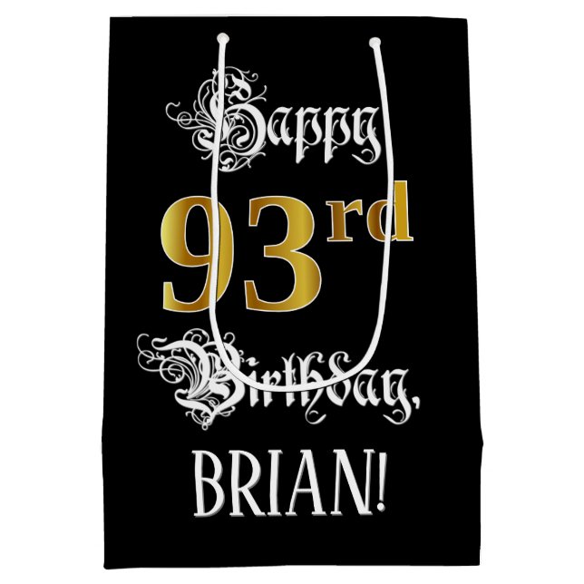 93rd Birthday ~ Fancy Script; Faux Gold Look; Name Medium Gift Bag (Back)