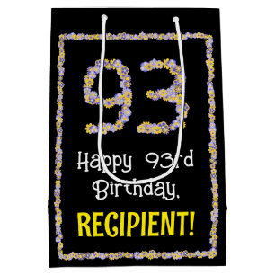 93rd Birthday: Floral Flowers Number, Custom Name Medium Gift Bag