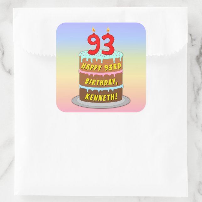 93rd Birthday: Fun Cake and Candles + Custom Name Square Sticker (Bag)