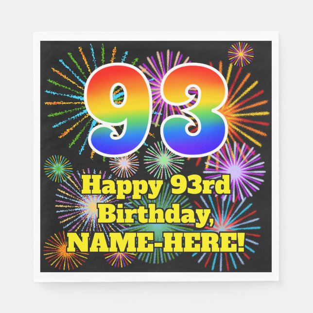 93rd Birthday: Fun Fireworks Pattern + Rainbow 93 Napkin (Front)