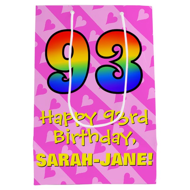 93rd Birthday: Fun Pink Hearts Stripes; Rainbow 93 Medium Gift Bag (Back)