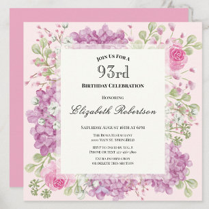 93rd Birthday Invitation Elegant Pink Flowers