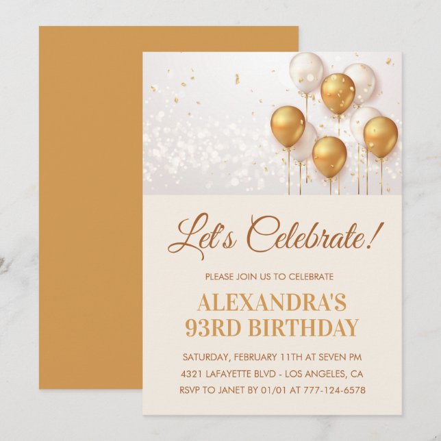 93rd birthday invitations Balloons Gold (Front/Back)