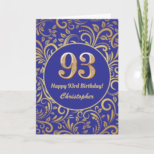93rd Birthday Navy Blue and Gold Floral Pattern Card (Front)