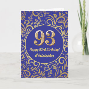 93rd Birthday Navy Blue and Gold Floral Pattern Card