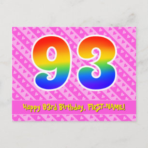 93rd Birthday: Pink Stripes & Hearts, Rainbow 93 Postcard