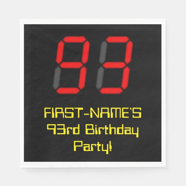 93rd Birthday: Red Digital Clock Style "93" + Name Napkin (Front)