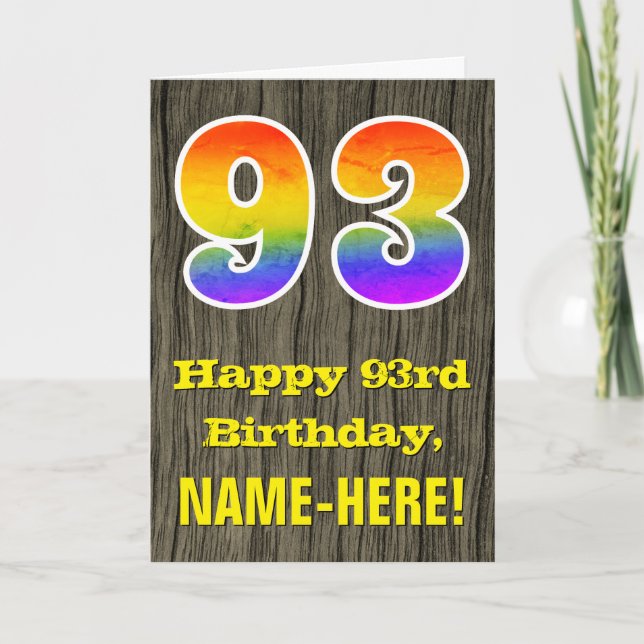 93rd Birthday: Rustic Faux Wood Look, Rainbow "93" Card (Front)