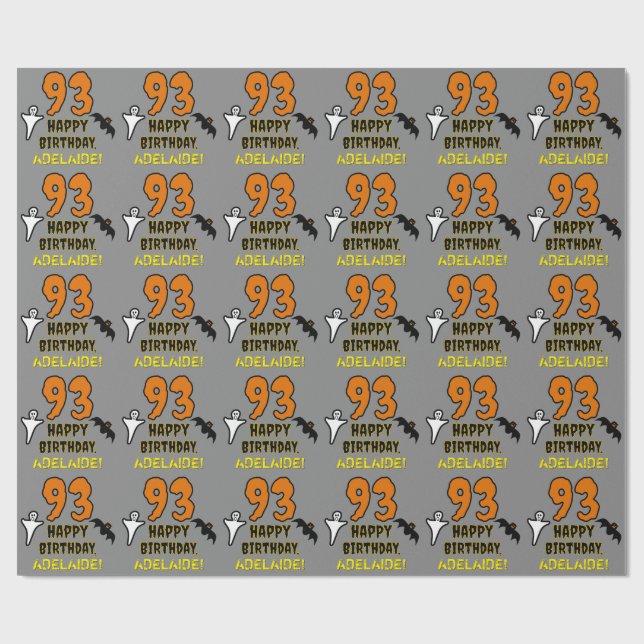 93rd Birthday: Spooky Halloween Theme, Custom Name Wrapping Paper (Flat)