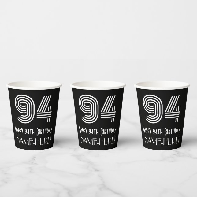 94th Birthday — Art Deco Inspired Look “94” + Name Paper Cups (Multi)