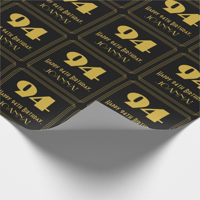 94th Birthday – Art Deco Inspired Look "94" & Name Wrapping Paper (Corner)
